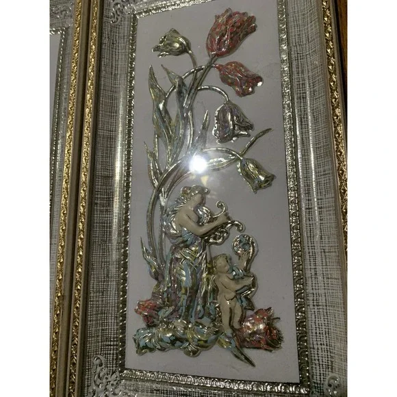 2 Vtg. Mid Century Floral Wall Art Four Seasons METALCRAFT 3D cherub plaques USA - Picture 3 of 6